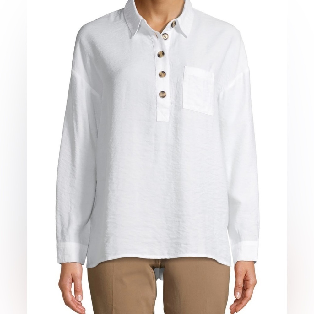Time and Tru|White Long Tunic Button Down Blouse, Beachy Vibes•••Size Small,NWT